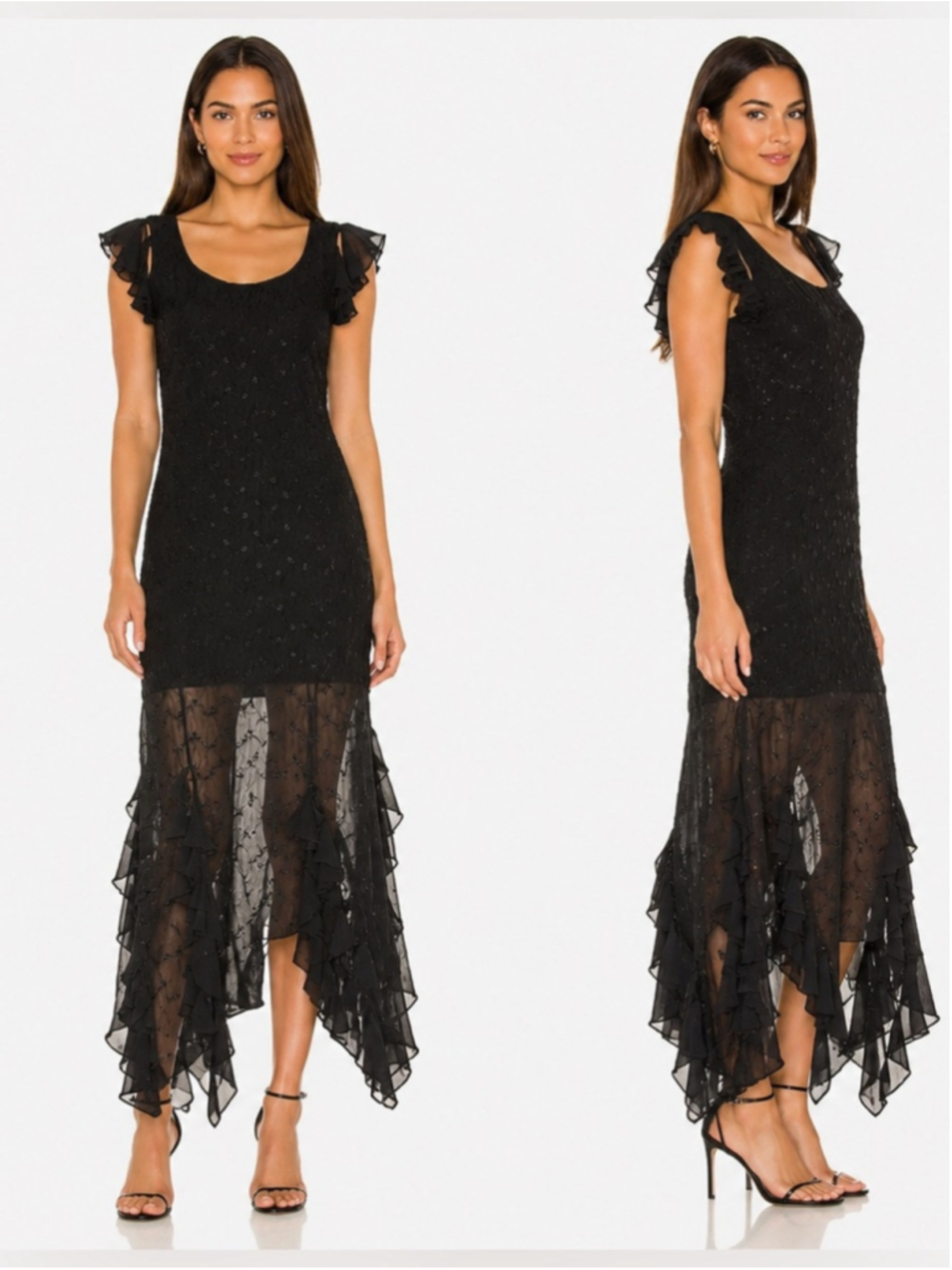 vintage barketti J.Kaur Black Ruffle Hem Evening Dress Sheer Floral Formal Gown